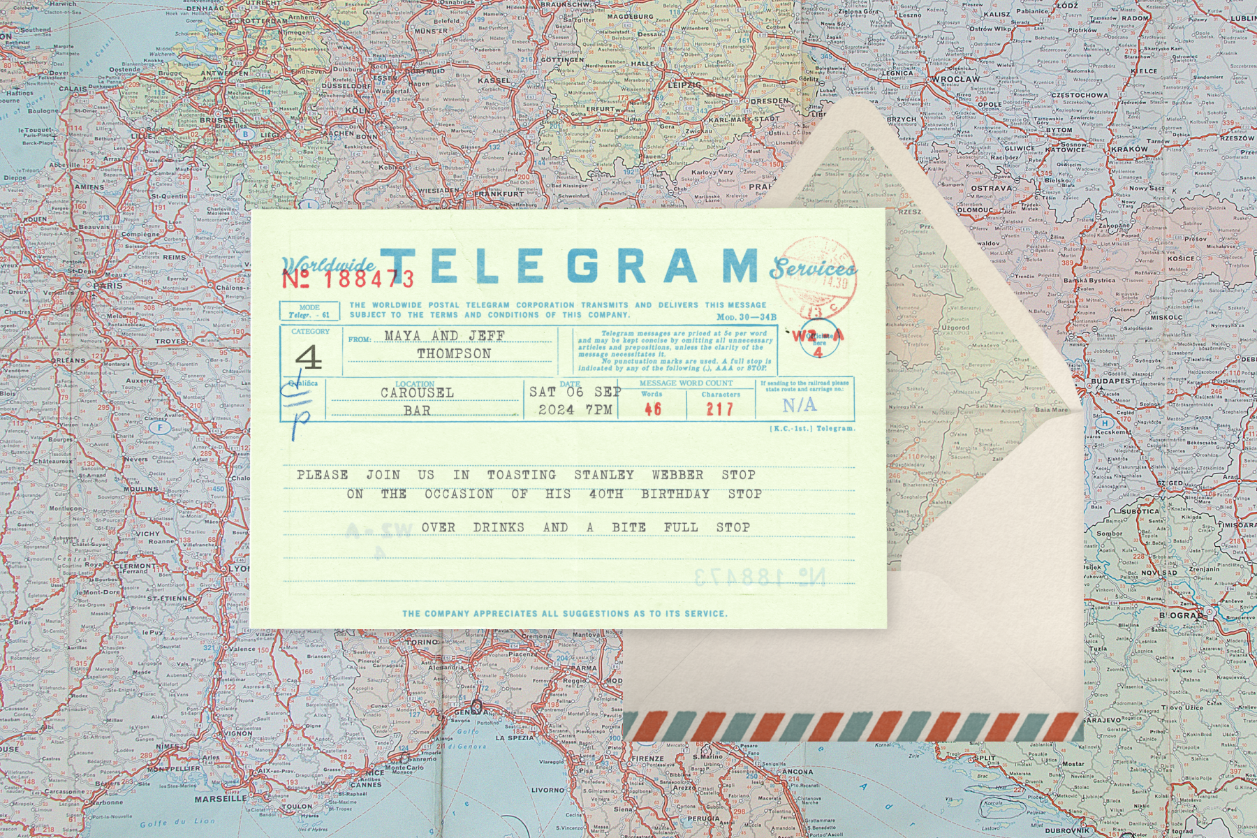 Mint green vintage telegram inspired card with blue text and typewriter font, sitting in front white envelope with blue and red mail stripes on top of a map background