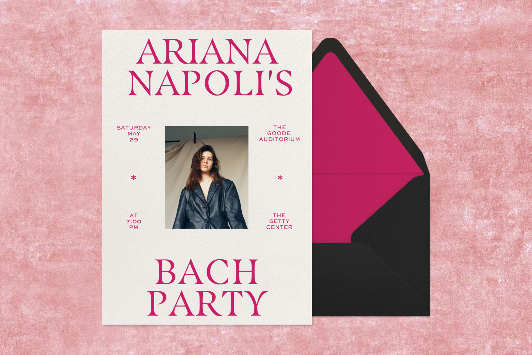 An invitation reads ARIANA NAPOLI’S BACH PARTY in large pink text with a small photo of a woman in the center beside a black and pink envelope.